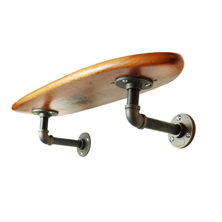 Floating Industrial Style Vintage Mahogany Skateboard Deck Shelf with Pipe Mounting System – Custom Made Indoor Skate Shelving
