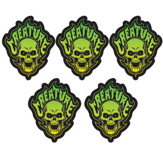 Creature Skateboard Vinyl Stickers Bonehead Flame Green 3.125" x 4" 5-Pack