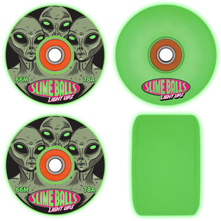 Slime Balls Skateboard Wheels 66mm Friends of Planet 9 Light Ups OG 78A w/ Bronson Bearings Glow