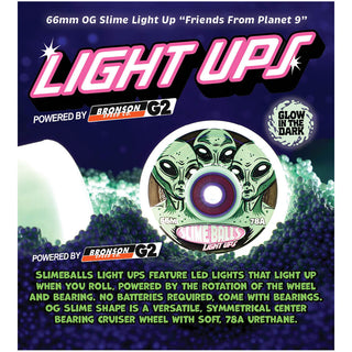 Slime Balls Skateboard Wheels 66mm Friends of Planet 9 Light Ups OG 78A w/ Bronson Bearings Glow