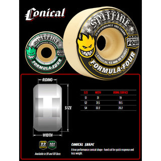 Spitfire Skateboard Wheels 53mm 101A F4 Conical with Bronson Pro G3 Bearings