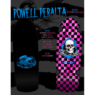 Powell-Peralta re-issue decks are close reproductions of their 1980’s counterparts, featuring the original Pro graphics and shape, top graphic logo and concave. Measures 10" x 30" with a 16.25" wheelbase and long 2.5" old school truck hole pattern.