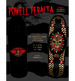 Powell-Peralta re-issue decks are close reproductions of their 1980’s counterparts, featuring the original Pro graphics and shape, top graphic logo and concave. Measures 10" x 31.75" with a 15.125" wheelbase and long 2.5" old school truck hole pattern.