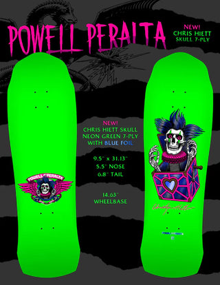 Powell Peralta Premium Skateboard Chris Hiett Skull 9.5" Independent Trucks, Dragon Formula Wheels, Indy Bearings