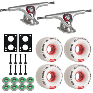 Paris Longboard Trucks V2 180mm 50Â° Raw Polished + Globe Bruiser 62mm 83a Wheels White/Red + Abec 7 Bearings