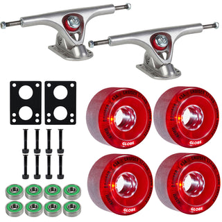 Paris Longboard Trucks V2 180mm 50Â° Raw Polished + Globe Bruiser 62mm 83a Wheels Clear Red + Abec 7 Bearings