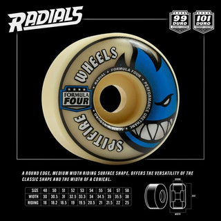 Spitfire Skateboard Wheels 52mm 99A F4 Radial with Bronson Pro G3 Bearings