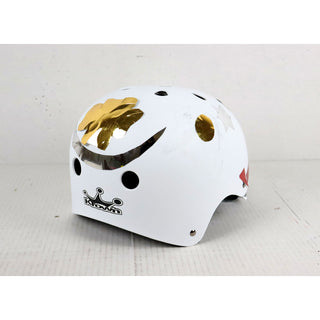 LIGHTLY SKATED Krown White Shell Skateboard Helmet Adult One Size - Red Gold Stickers