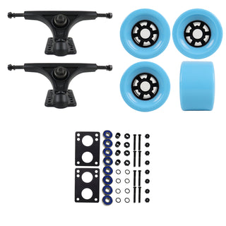 Slant Longboard Trucks (150 Black) with 83mm Light Blue Wheels, Abec 7 Bearings, Hardware, and Risers