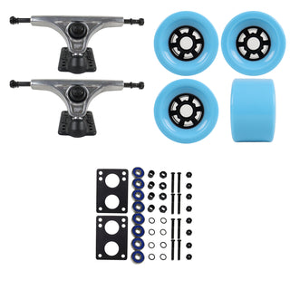 Slant Longboard Trucks (150 Raw) with 83mm Light Blue Wheels, Abec 7 Bearings, Hardware, and Risers