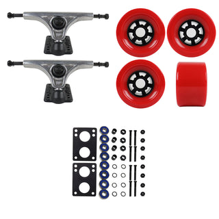 Slant Longboard Trucks (150 Raw) with 83mm Red Wheels, Abec 7 Bearings, Hardware, and Risers