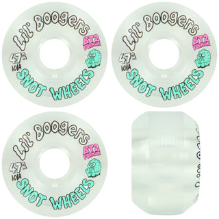 Four views of a set of translucent white skateboard wheels branded 'Lil Boogers' with 'SNOT WHEELS' and 'BT2 Premium' markings, on a plain white background.