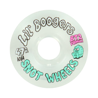 A single translucent white skateboard wheel with colorful graphics. The wheel features the text 'Lil' Boogers' in brown, 'SNOT WHEELS' in mint green, '4.