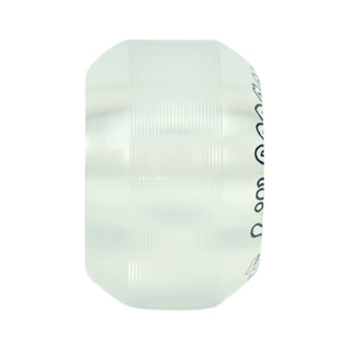 A translucent white plastic wheel with a ribbed texture and black printed text on the side, shown against a plain white background.