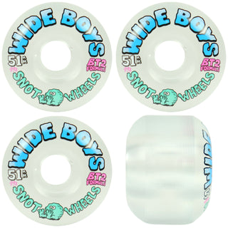 Four views of a wide, translucent white skateboard wheel with colorful graphics. The graphics include the text 'WIDE BOYS' in blue with a white outline, 'SNOT WHEELS' in green, a small green frog illustration, and a pink 'BT2 PERFORMANCE' label.