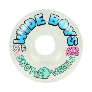 A single snowboard wheel from Wide Boys Snot Wheels, featuring a translucent off-white/cream plastic body with colorful graphic text and a small green cartoon character. The text reads 'WIDE BOYS', 'SNOT WHEELS', '51mm', '99A', and 'BT2 Formula 1'.
