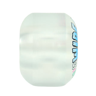 A translucent white skateboard wheel with a ribbed outer surface and colorful printed lettering on the side, shown against a plain white background.