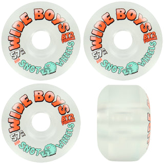 Four views of a set of Wide Boys Snot wheels, showing the front face with orange and teal graphics on a white background, plus a side profile view of the translucent white wheel body.