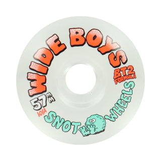 A single skateboard wheel from Wide Boys Snot Wheels, featuring a translucent white body with orange and teal graphics on a white background.