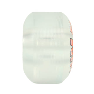 A translucent white skateboard wheel with a ribbed texture and partial orange and black graphic lettering visible on the right edge, isolated on a white background.