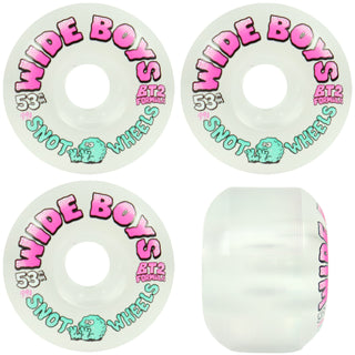 Four views of a set of Wide Boys BT2 foam skateboard wheels, showing the front face with pink and teal graphics on a white background, and a side profile view of the translucent white wheel.