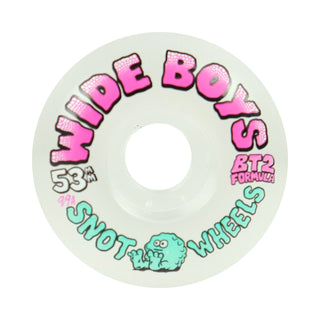 A single skateboard wheel from Wide Boys Snot Wheels, featuring a translucent off-white body with pink and teal graphics, including the text 'WIDE BOYS', '53mm', 'SNOT WHEELS', and 'BT2 FORMULA'.