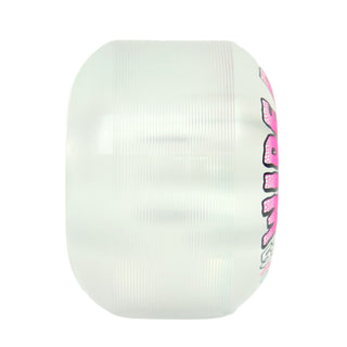 A translucent white skateboard wheel with a ribbed outer surface and pink and black graphic lettering on the side, shown against a plain white background.
