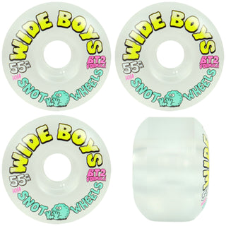 Four views of a set of Wide Boys 55mm SNOT Wheels BT2 Formula skateboard wheels, showing the front graphic and side profile on a white background.