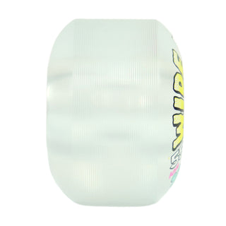 A translucent white skateboard wheel with a ribbed outer surface and a partial yellow and black graphic on the side, isolated on a white background.