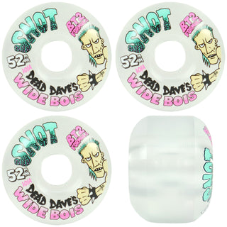 Four views of a skateboard wheel from Shot Air, featuring the 'Dead Dave's Wide Bois' graphic. The wheel is white with colorful text in teal, pink, and black, and a cartoon illustration of Dead Dave.