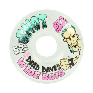 A single skateboard wheel from Dead Dave's featuring the 'Shot Wide Bois' model. The wheel is white with colorful graphics, including a cartoon illustration of a man's face, pink and teal text, and black text indicating '52mm' and '10a'.