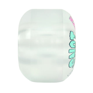 A translucent white skateboard wheel with vertical grooves and colorful graphic lettering on the side, shown against a plain white background.