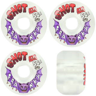 Four skateboard wheels shown on a plain white background, with one front view and three angled views. The wheels are white with a large purple bat graphic, red and black 'SHOT' branding, and 'FRAUNKY VILLANI' text.