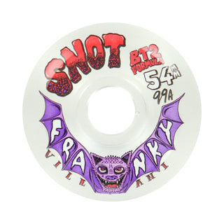 A white skateboard wheel featuring a graphic design with the words 'SNOT' in red at the top, 'BT2 FORGED' in red and white, '54mm' in white, '99A' in black, a purple bat illustration, and 'FRANKY VILLANI' in white and red around a purple bat head in the center.