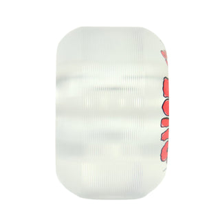 A translucent white textured wheel with a red and black graphic pattern visible on the right side, isolated on a white background.