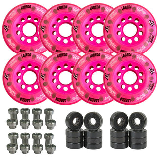 Labeda Whips Roller Hockey Wheels - Pink X-Soft HiLo Set 76mm/80mm - 8-Pack with Evo Spacers and Hybrid Ceramic Bearings