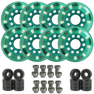 Labeda Whips Roller Hockey Wheels - Teal X-Soft 68mm - 8-Pack with Evo Spacers and Hybrid Ceramic Bearings