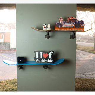 Floating Industrial Style Maple Skateboard Deck Shelf with Pipe Mounting System 7.75" Neon Blue